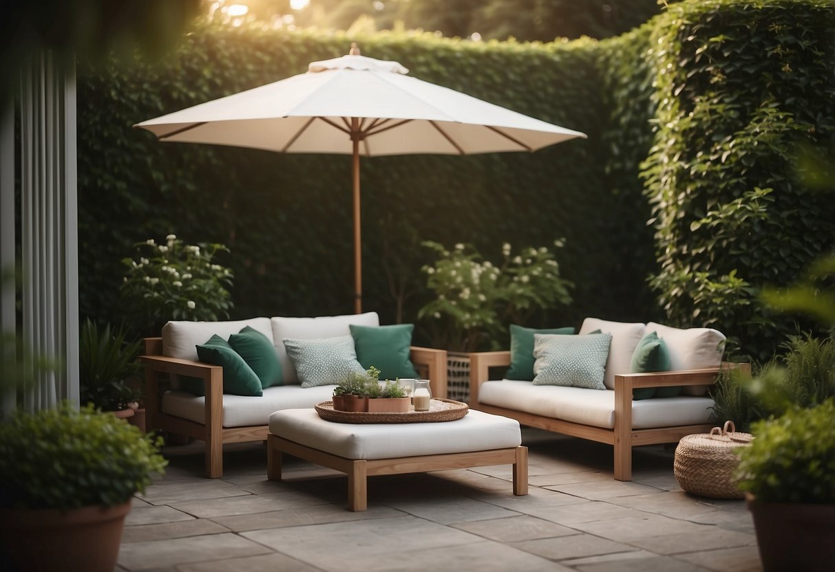 A cozy outdoor patio with ethimo furniture surrounded by lush greenery and soft ambient lighting