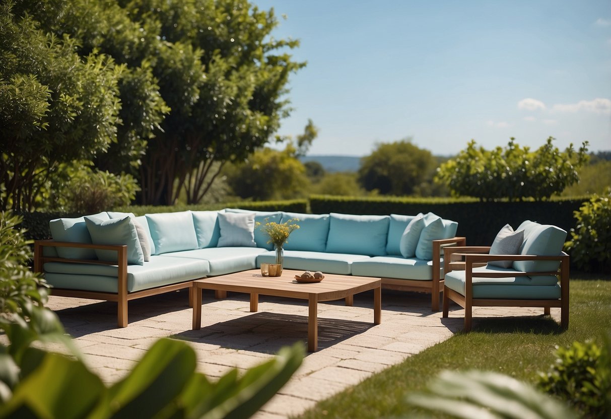 A modern outdoor furniture set surrounded by lush greenery, with a clear blue sky as the backdrop
