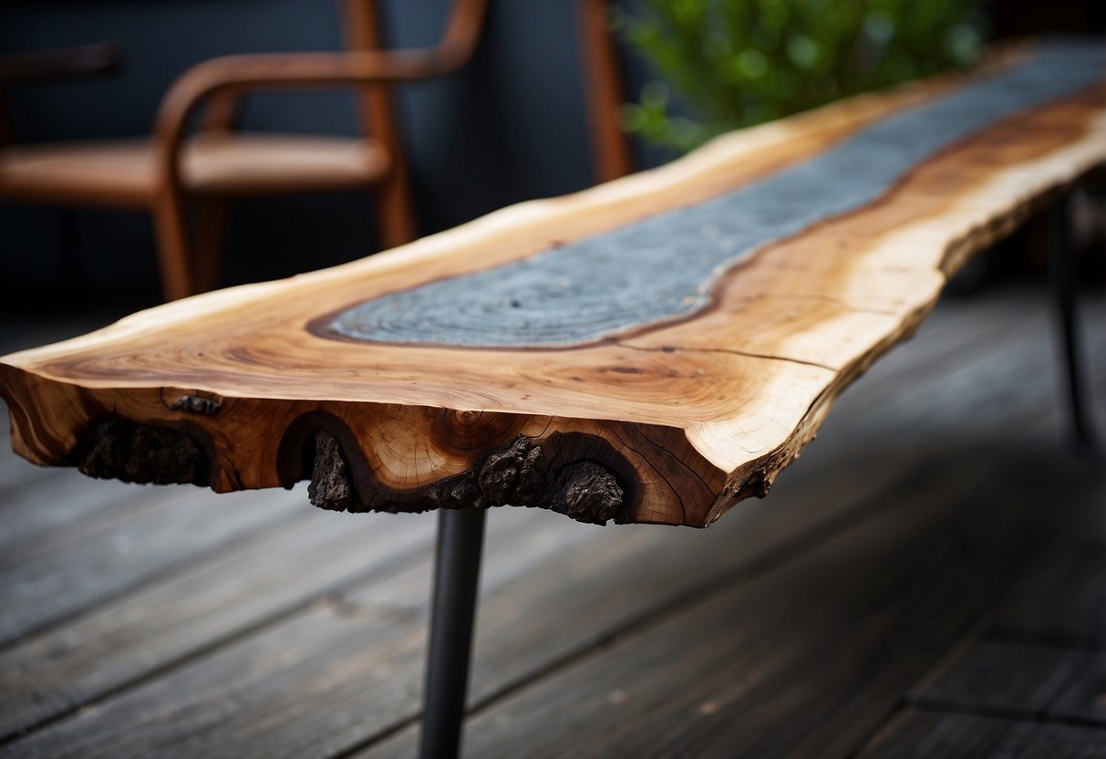 A wooden slab with natural edges sits atop metal legs, showcasing the raw beauty of live edge furniture