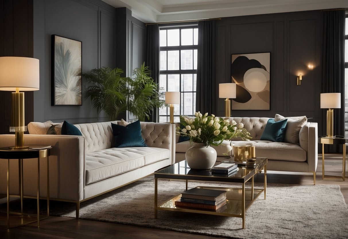 A room with modern Currey furniture, including a sleek sofa, a stylish coffee table, and elegant lighting fixtures