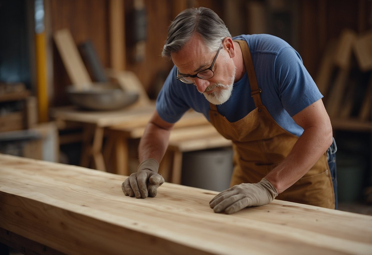 A woodworker carefully sands the natural edge of a slab, smoothing the rough surface and preserving the organic shape for a live edge furniture piece