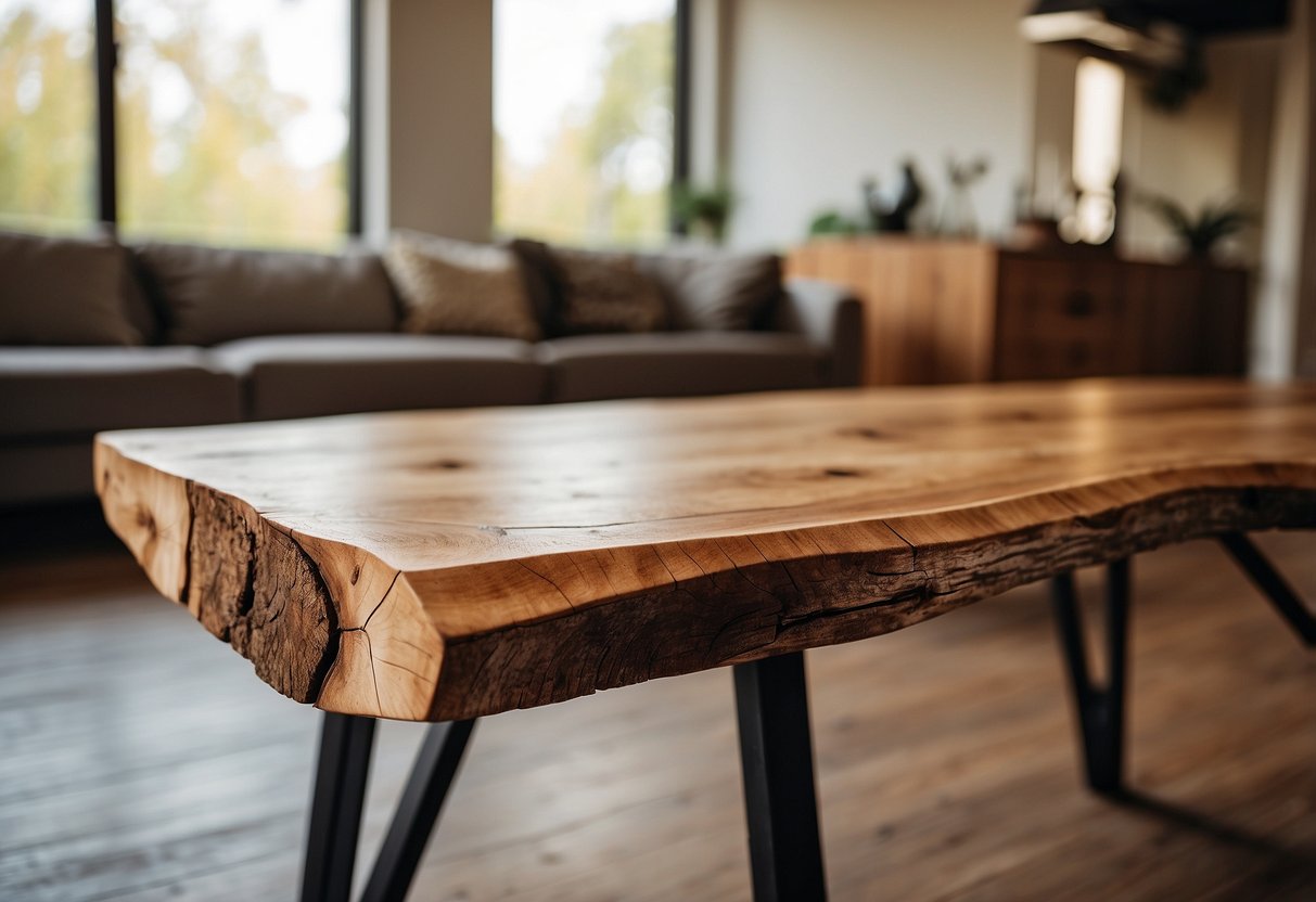 A rustic wooden table with natural, uneven edges sits in a well-lit room, showcasing the beauty of live edge furniture