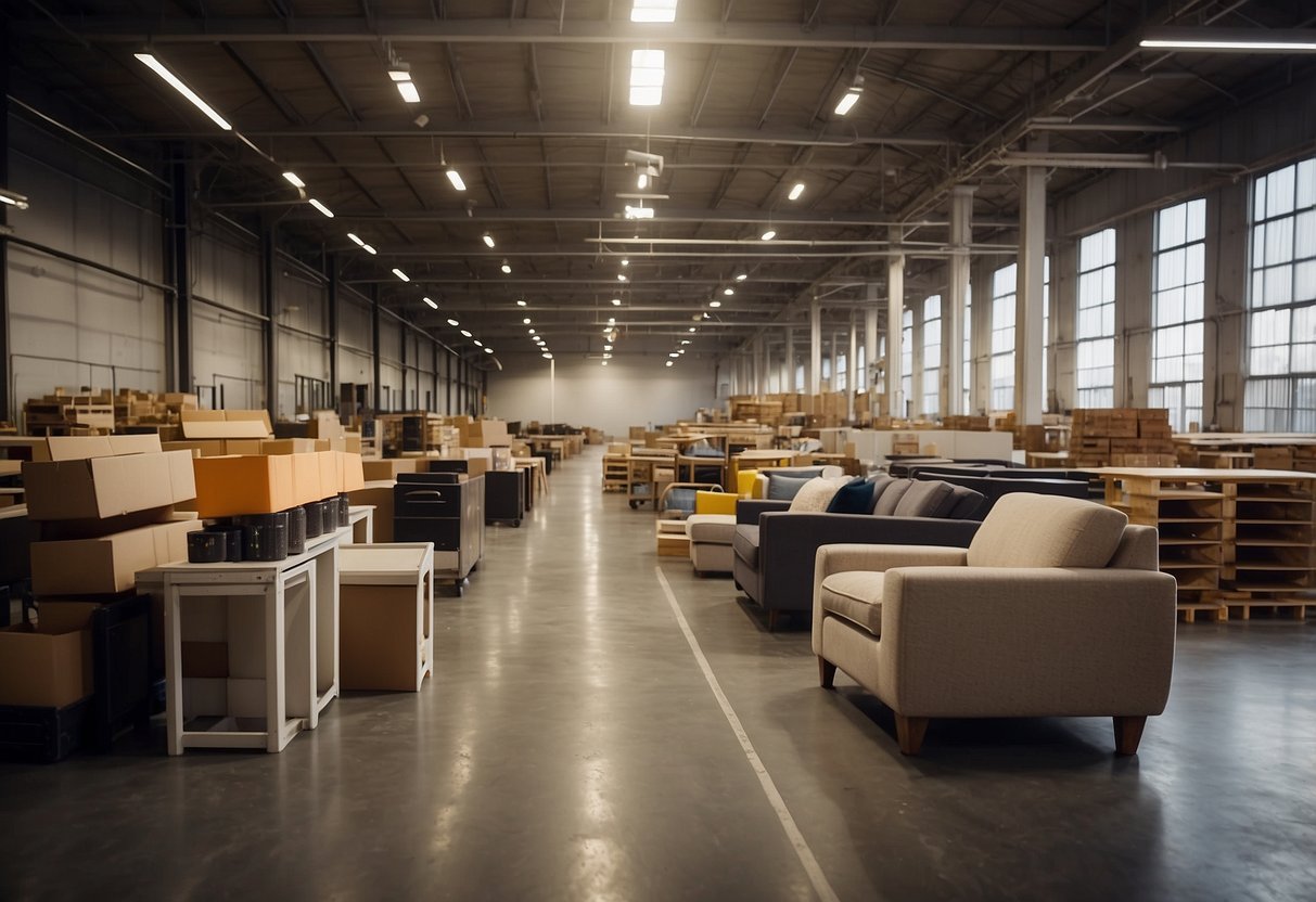 Various furniture items neatly stacked in a warehouse. Price tags are visible on each piece. Light filters in through the windows, casting shadows on the floor