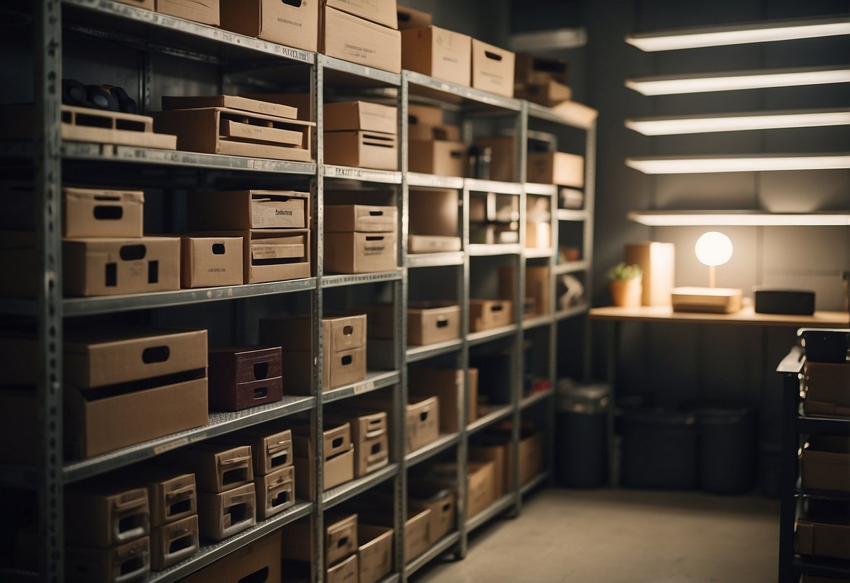 Various furniture items neatly organized in a storage unit, with labeled shelves and protective coverings. Light streams in through a small window, casting shadows on the items
