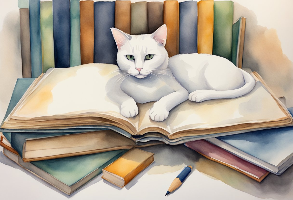 A blank canvas surrounded by open books, a pencil, and a curious cat