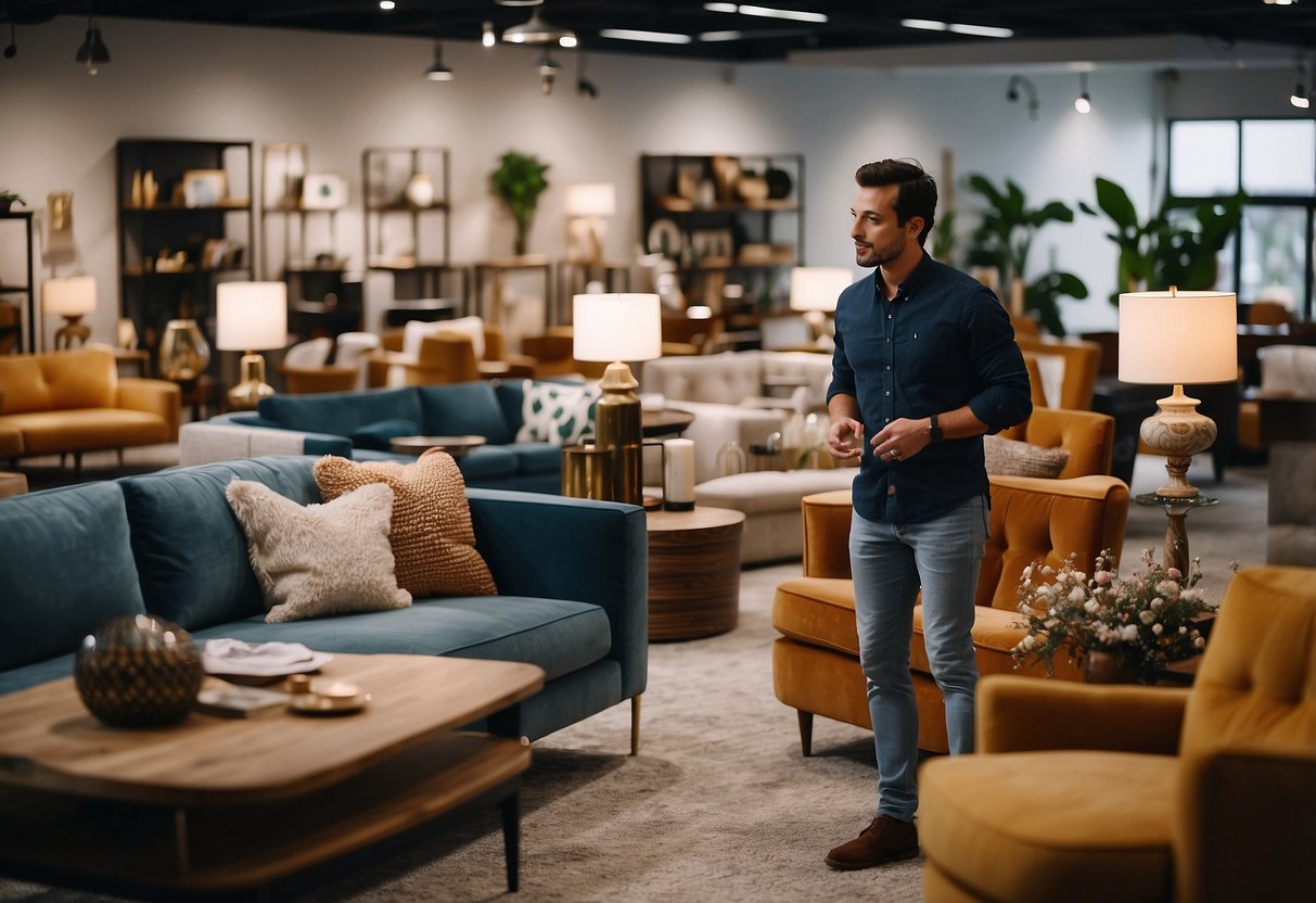 A customer browsing through various furniture pieces in a spacious showroom