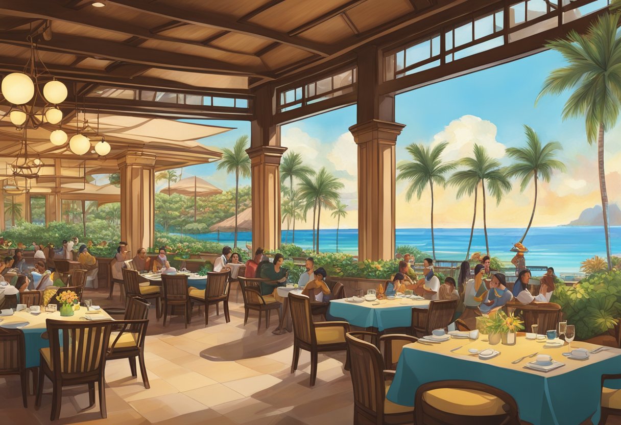 The Aulani resort restaurants bustle with diners enjoying ocean views and tropical cuisine. Outdoor seating overlooks lush gardens and sparkling pools