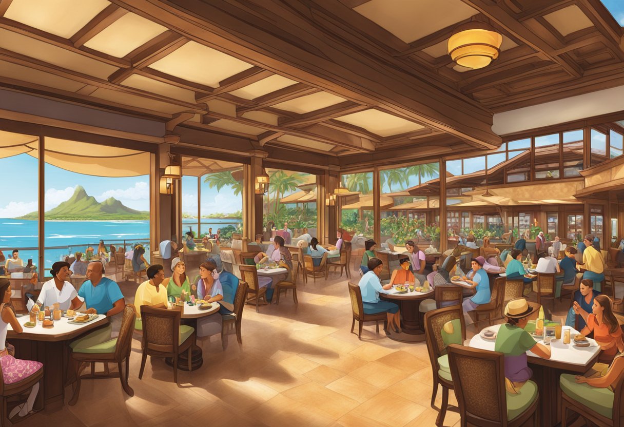 The bustling Aulani resort restaurants feature vibrant decor and diverse cuisines, with guests enjoying ocean views and live entertainment