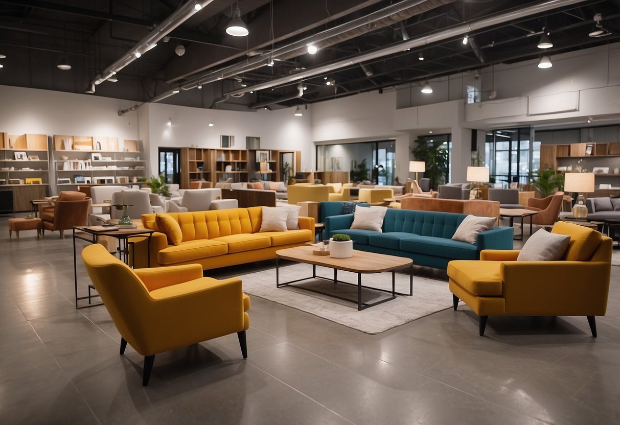 A bright, spacious room with a variety of furniture options on display. Different styles and colors of sofas, chairs, tables, and shelves are arranged neatly for customers to browse