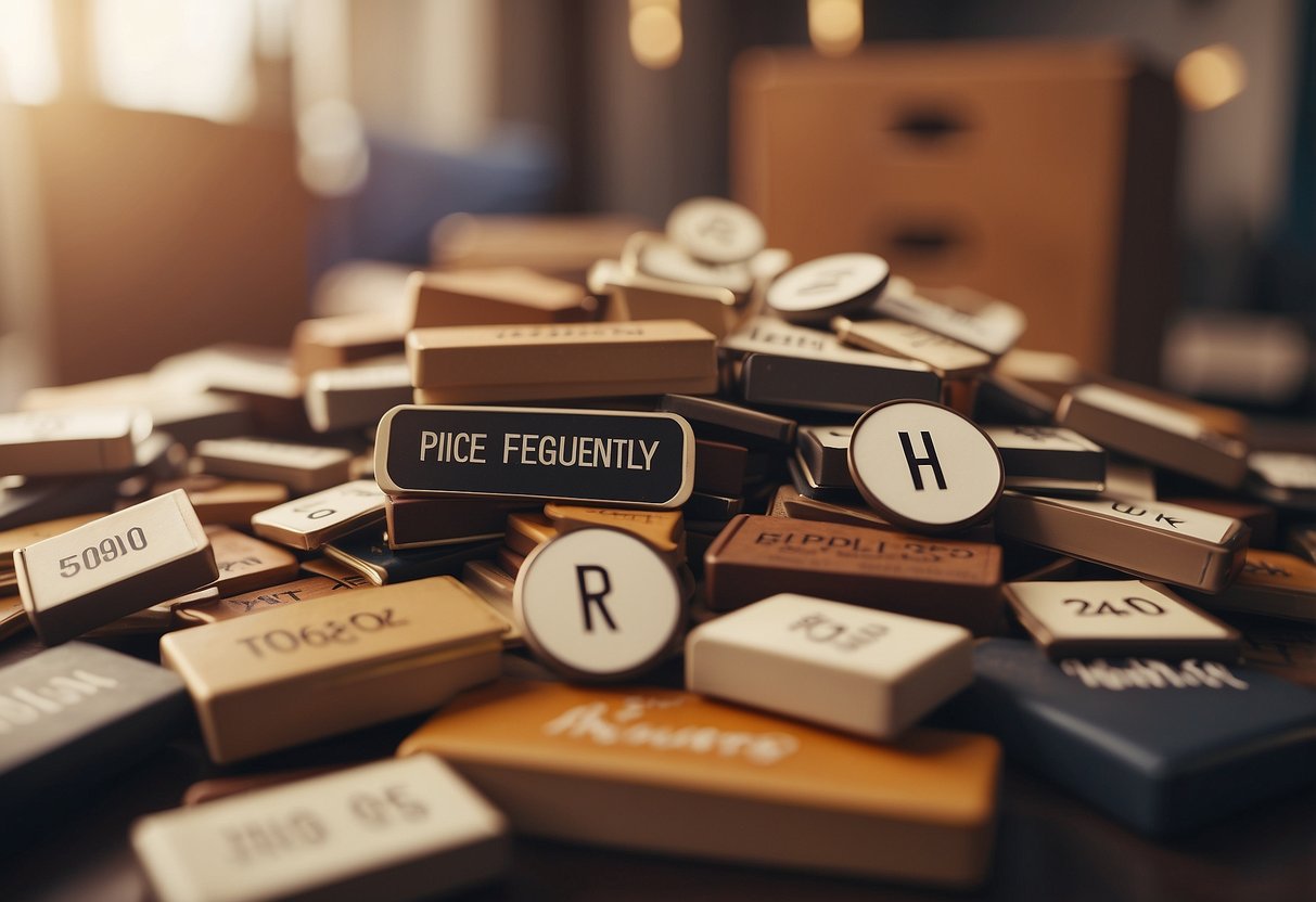 A stack of furniture items with price tags, surrounded by question marks and a "Frequently Asked Questions" sign