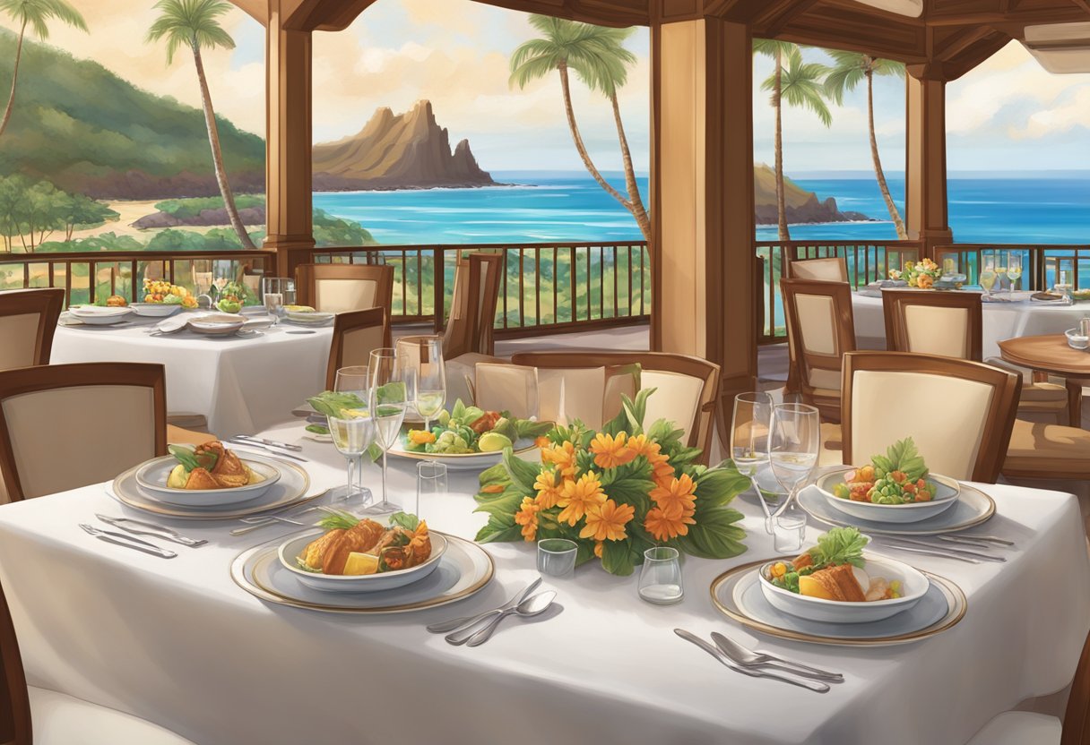 Aulani resort's signature dining experiences come to life with elegant table settings, exquisite cuisine, and breathtaking ocean views