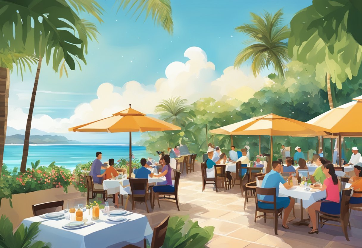 A bustling resort restaurant with outdoor seating, surrounded by lush tropical greenery and overlooking a sparkling ocean view. Tables are set with colorful umbrellas, and guests enjoy a relaxed, casual dining experience