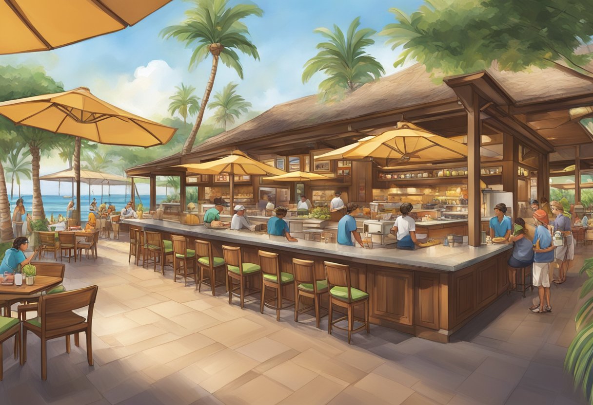 Colorful outdoor seating, palm trees, and a bustling open-air kitchen at Aulani Resort's quick-service eateries