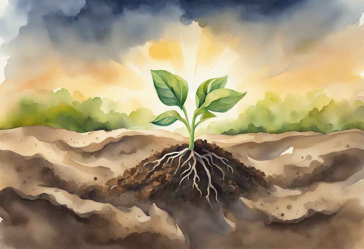 A seedling pushing through the soil, reaching for the sunlight, symbolizing challenges and growth in a beginner's mindset