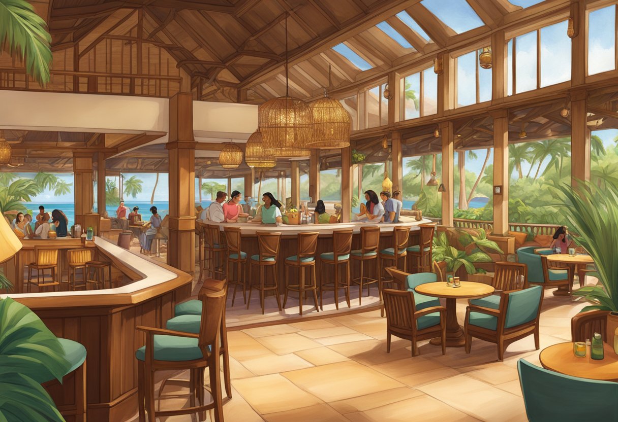 The bustling lounges and bar areas at Aulani resort are filled with cozy seating, tropical decor, and vibrant cocktails, creating a lively and inviting atmosphere for guests to unwind and socialize