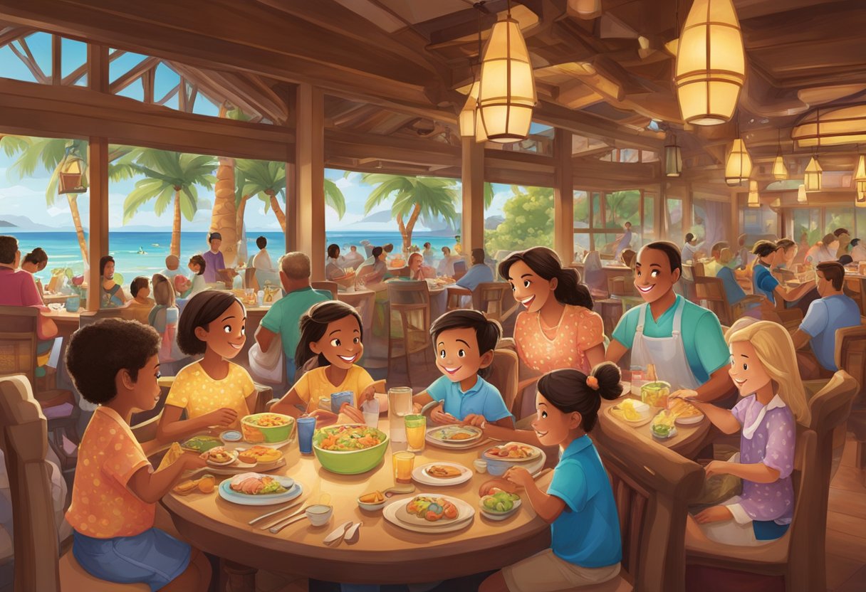 Families dine at Aulani resort restaurants, surrounded by Disney characters in a vibrant and joyful atmosphere