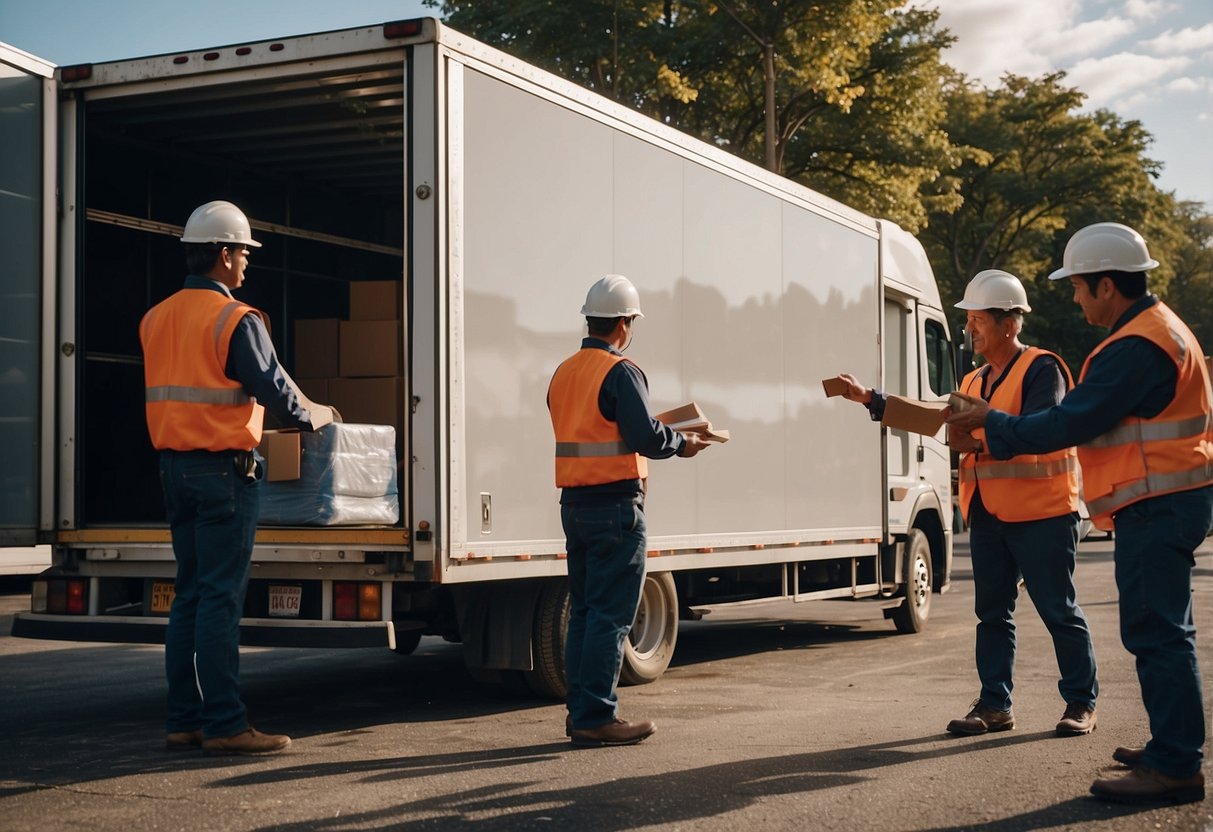 Furniture being loaded onto a truck by workers. Some items are wrapped in plastic for protection. Others are stacked neatly