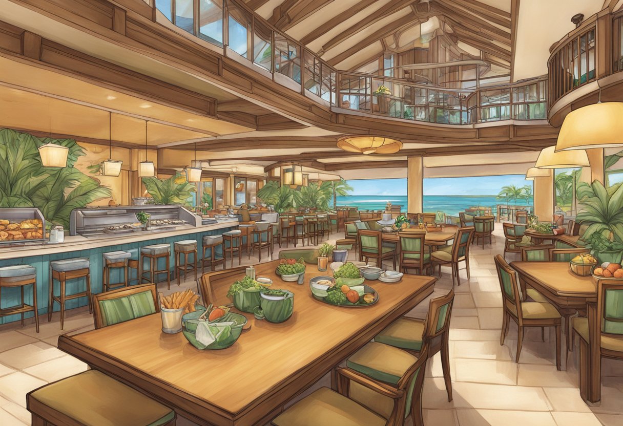 Aulani resort restaurants offer diverse dietary options and accommodations. The scene includes a variety of dishes and ingredients, with clear labels for allergens and dietary restrictions