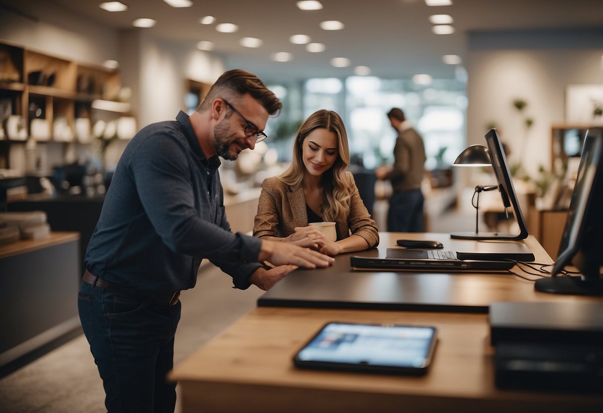 A customer browses furniture, while a salesperson assists with product information and offers personalized care