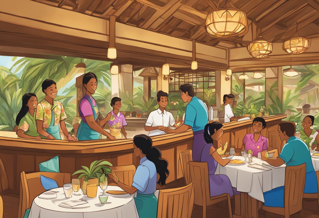 Guests making reservations at Aulani resort restaurants. Waitstaff providing dining tips. Lively atmosphere with Hawaiian decor