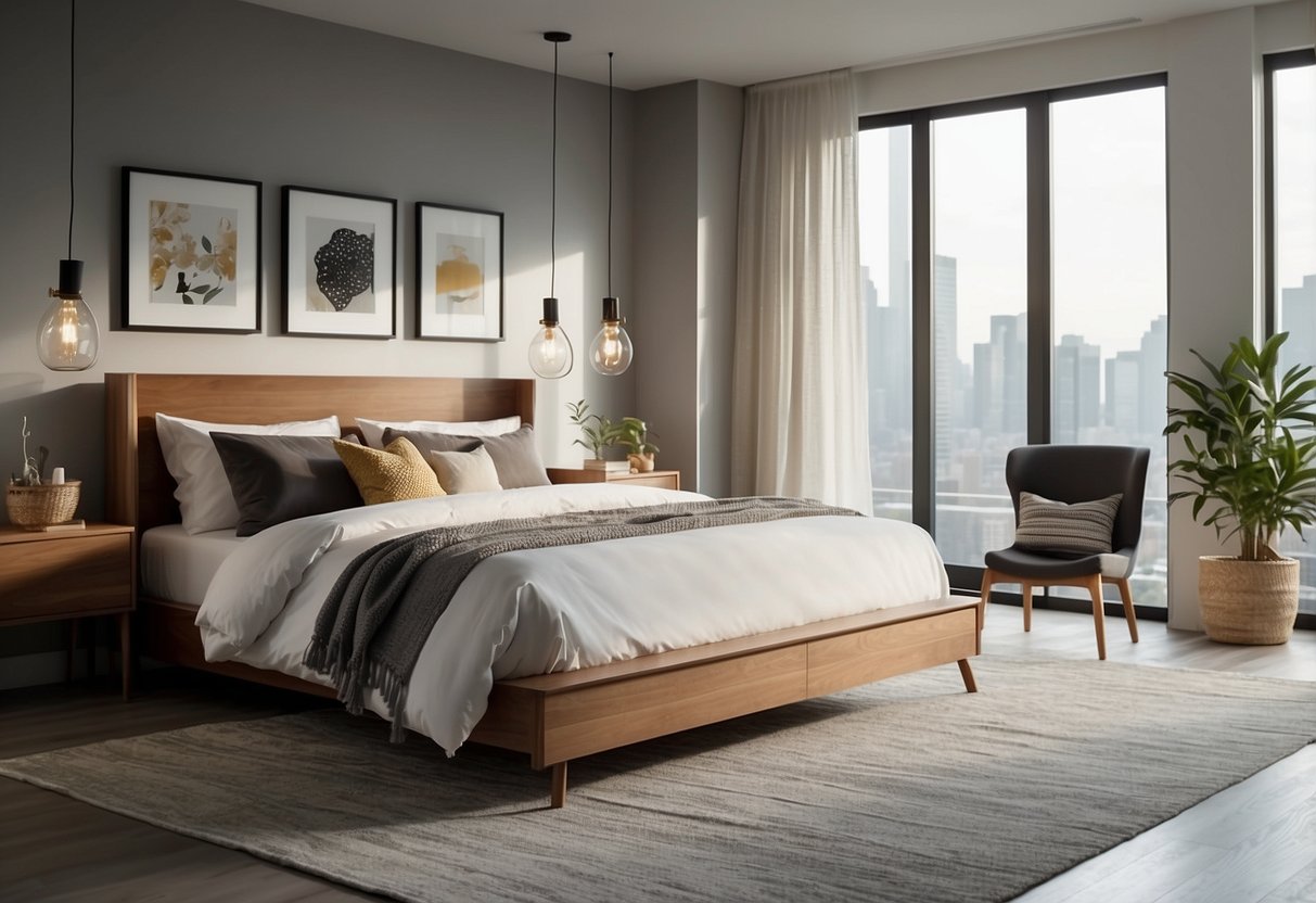 A modern bedroom with a sleek bed, nightstands, and a dresser. The room is well-lit with natural light coming through the window