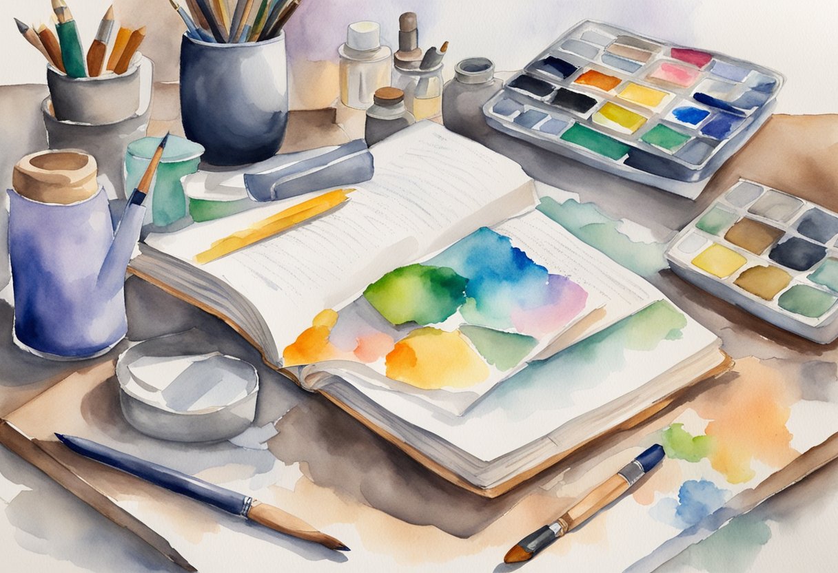 A cluttered desk with art supplies scattered, a blank canvas waiting, and a book titled "Practical Exercises and Techniques for Beginners" open to a page on mindset