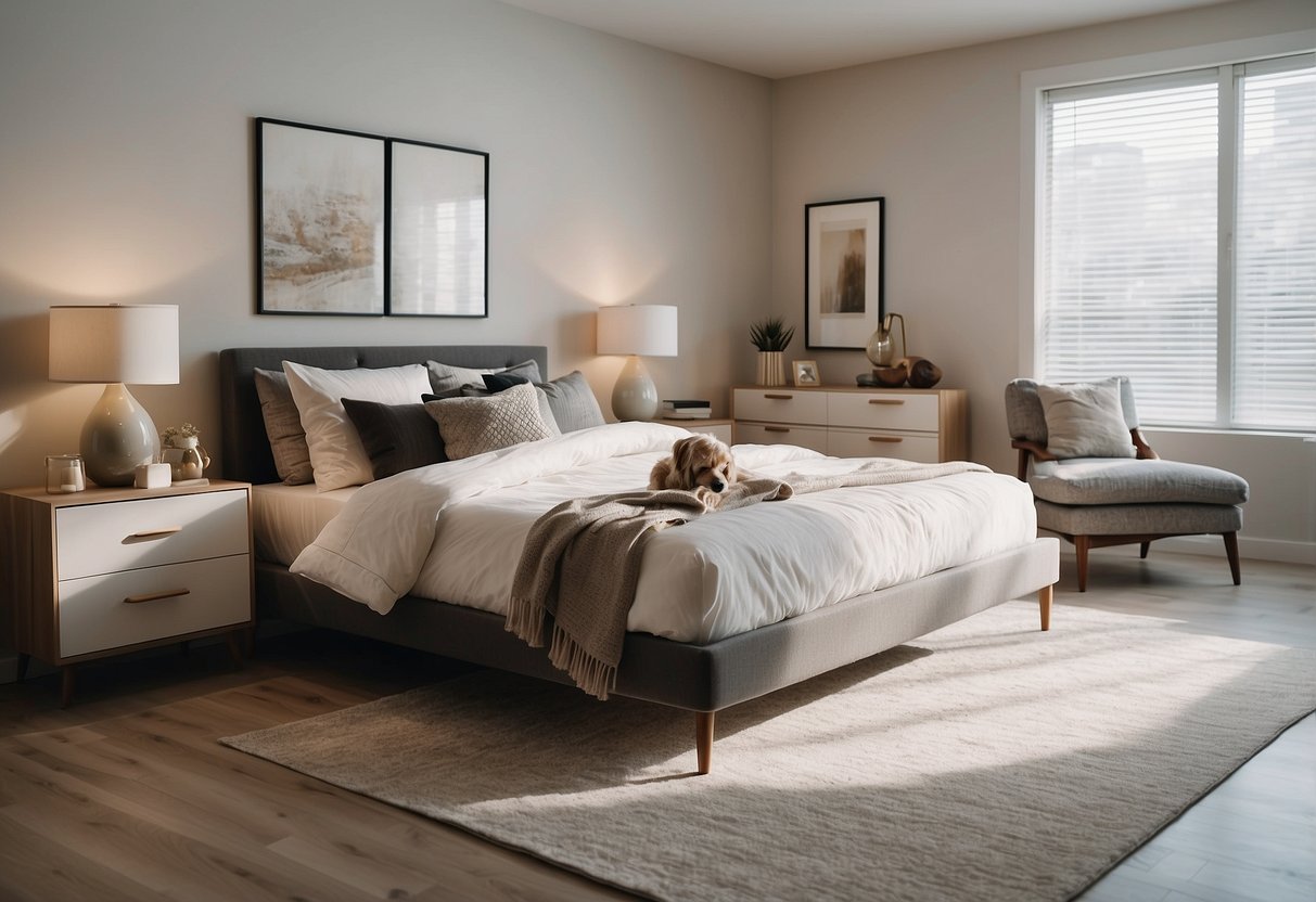 A bright bedroom with modern furniture collections, including a sleek bed, stylish nightstands, and a cozy armchair