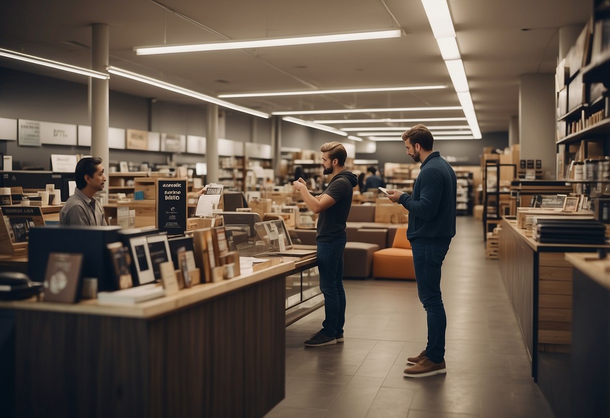Customers browsing furniture, reading labels, and asking staff questions in a store