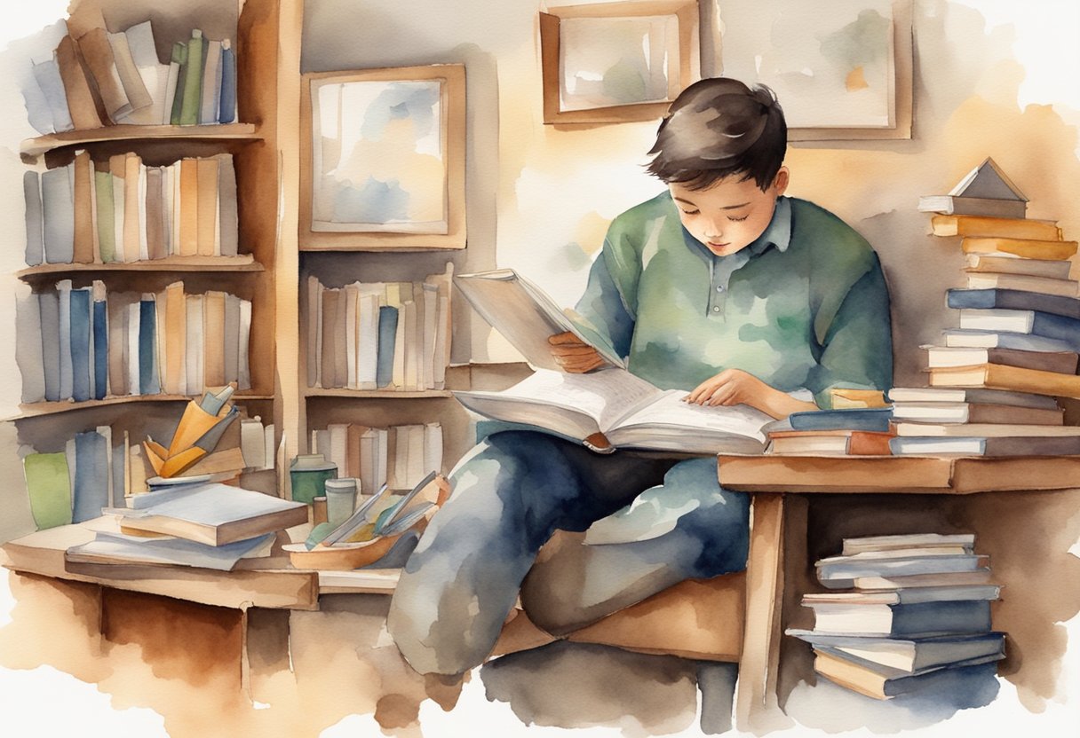 A person reading a book with a curious expression, surrounded by various learning materials and tools, with an open and receptive attitude