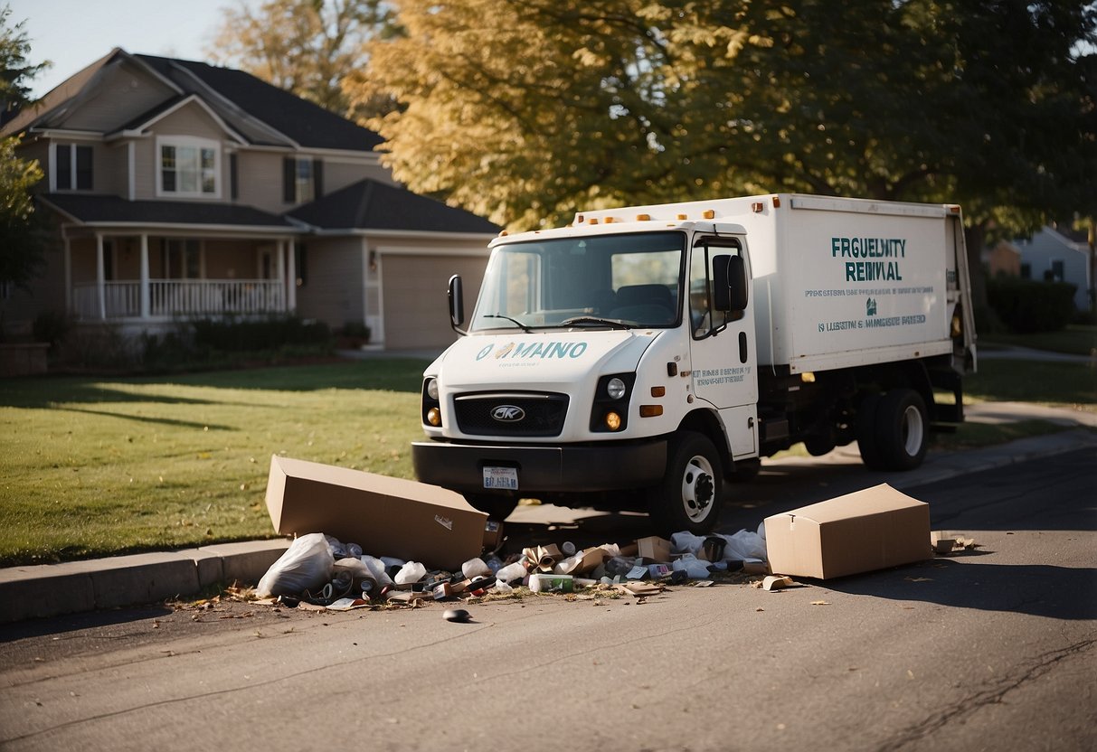 Unwanted furniture piled on curb, sign reads "Frequently Asked Questions unwanted furniture removal." Trash truck in background