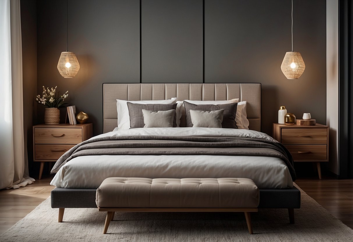 A cozy bedroom with a spacious bed, a stylish nightstand, and a functional dresser, all arranged for maximum comfort and practicality