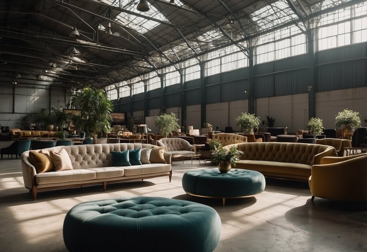 A spacious warehouse filled with luxury furniture, bathed in natural light from large windows. Rows of elegant sofas, tables, and chairs are neatly displayed, creating a sense of opulence and sophistication