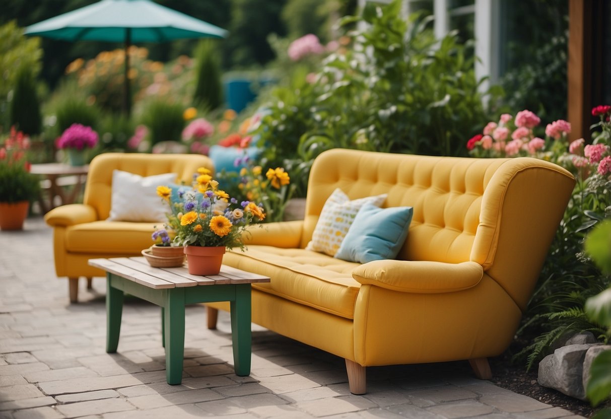 A whimsical outdoor scene with colorful, oversized furniture arranged in a playful and inviting manner, surrounded by lush greenery and vibrant flowers