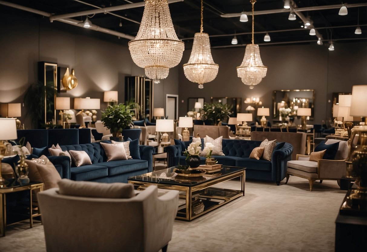 Customers browse through rows of luxurious sofas and elegant dining sets in the spacious showroom of Exclusive Furniture Warehouse. Shimmering chandeliers illuminate the high-end furniture, creating a sophisticated and inviting atmosphere
