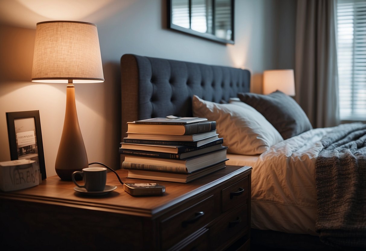 A cozy bedroom with a modern bed, nightstand, and dresser. A stack of books and a reading lamp sit on the nightstand. The room is bright and inviting