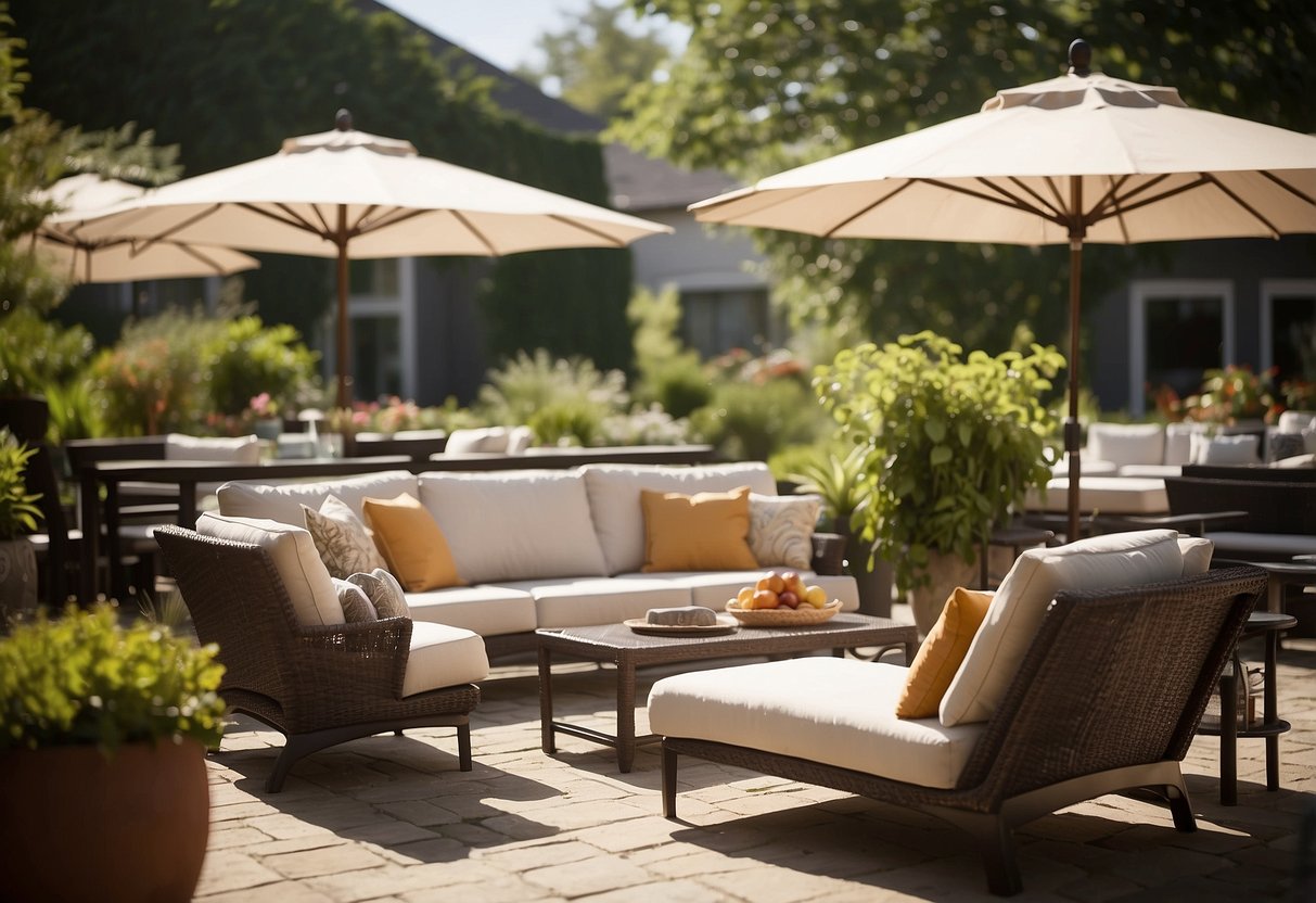 A sunny patio with a variety of outdoor furniture options, including chairs, tables, and umbrellas, displayed in a spacious and inviting setting