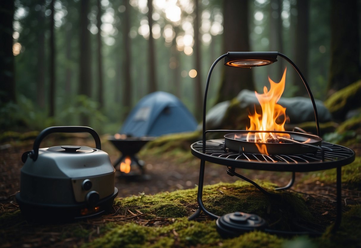 A cozy campsite with a foldable table and chairs, a portable stove, and a lantern, surrounded by a lush forest and a crackling campfire
