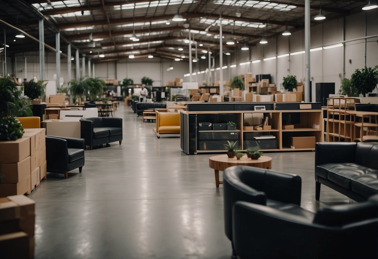 A spacious, well-lit warehouse filled with luxurious furniture displays. A customer service desk with friendly staff. Carefully arranged furniture sets throughout