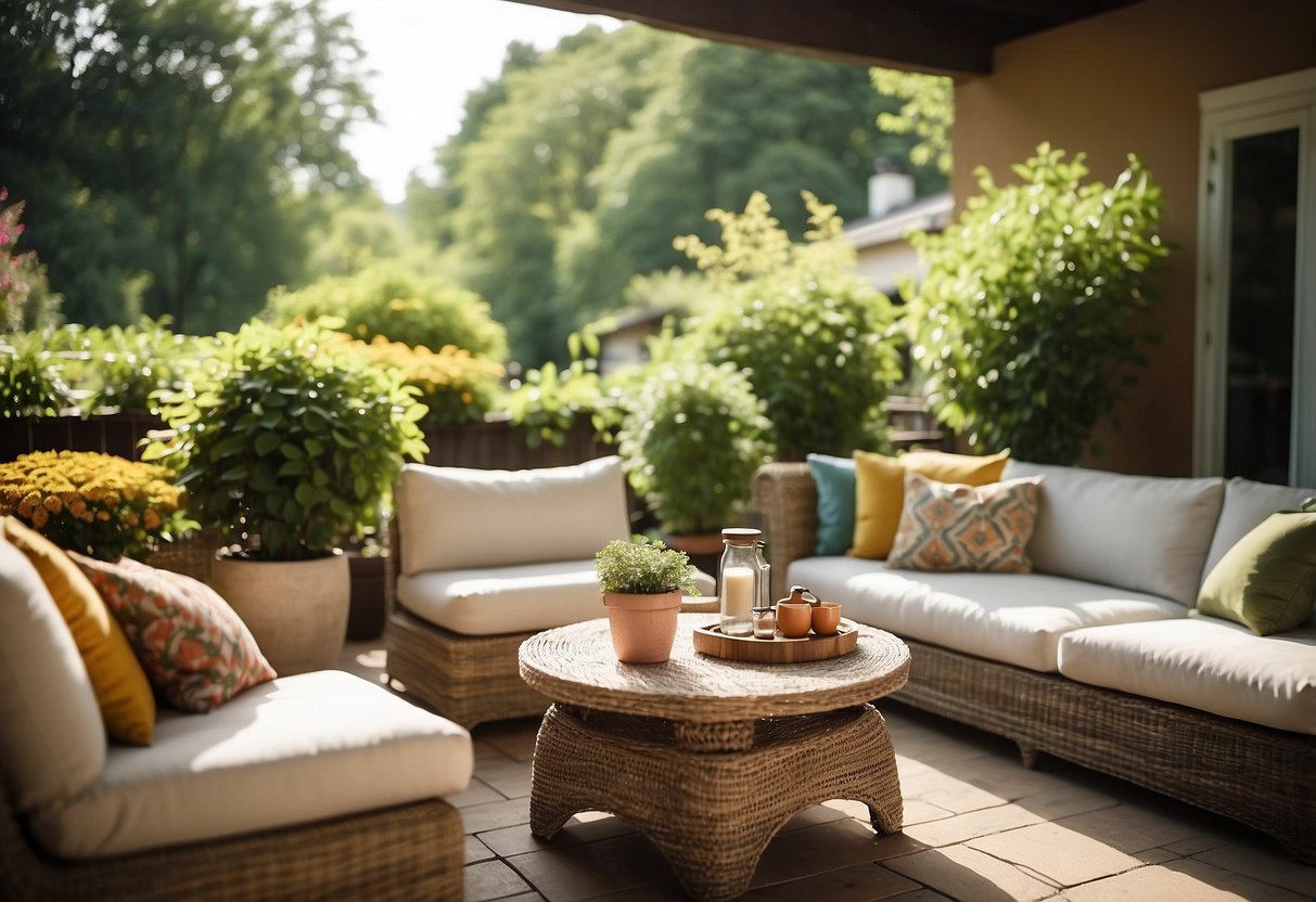 A sunny patio with a cozy outdoor sofa, surrounded by lush greenery and colorful throw pillows. A matching coffee table and a couple of stylish lounge chairs complete the inviting scene