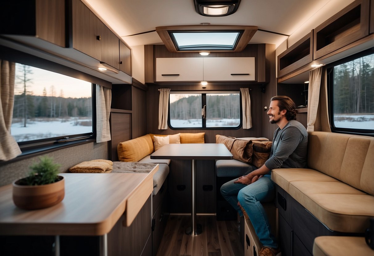 A person selecting compact, multifunctional furniture for their camper. Show a fold-out bed, collapsible table, and storage solutions