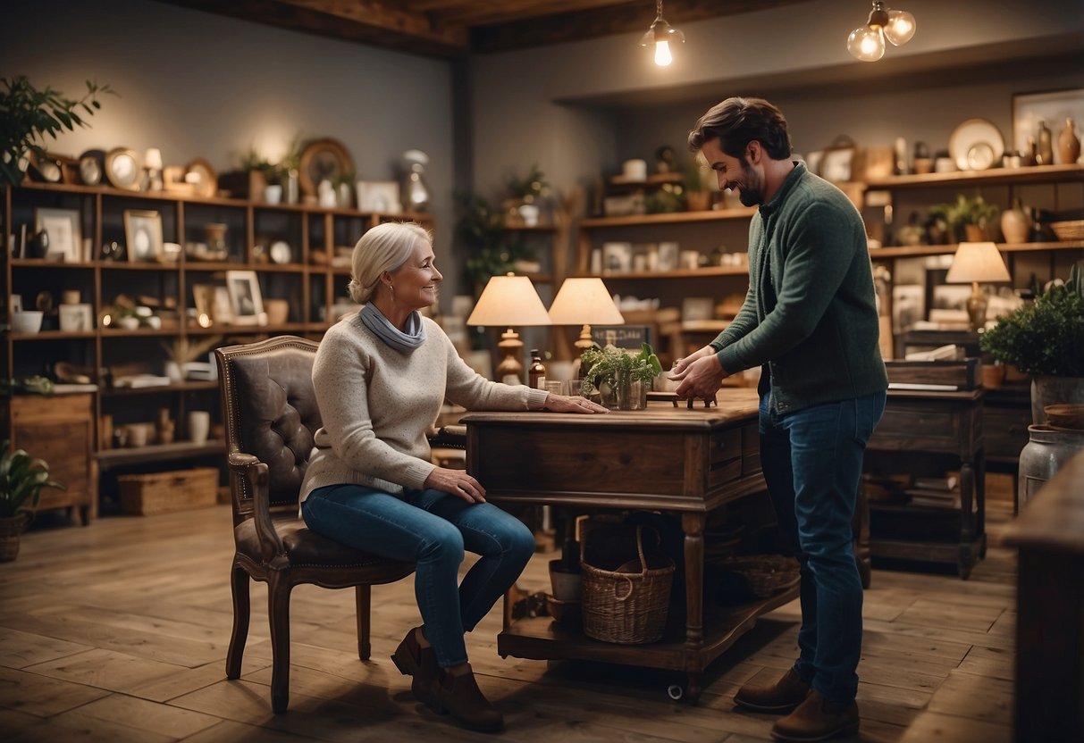 A cozy French country furniture store with a friendly customer care representative assisting a customer with purchase information