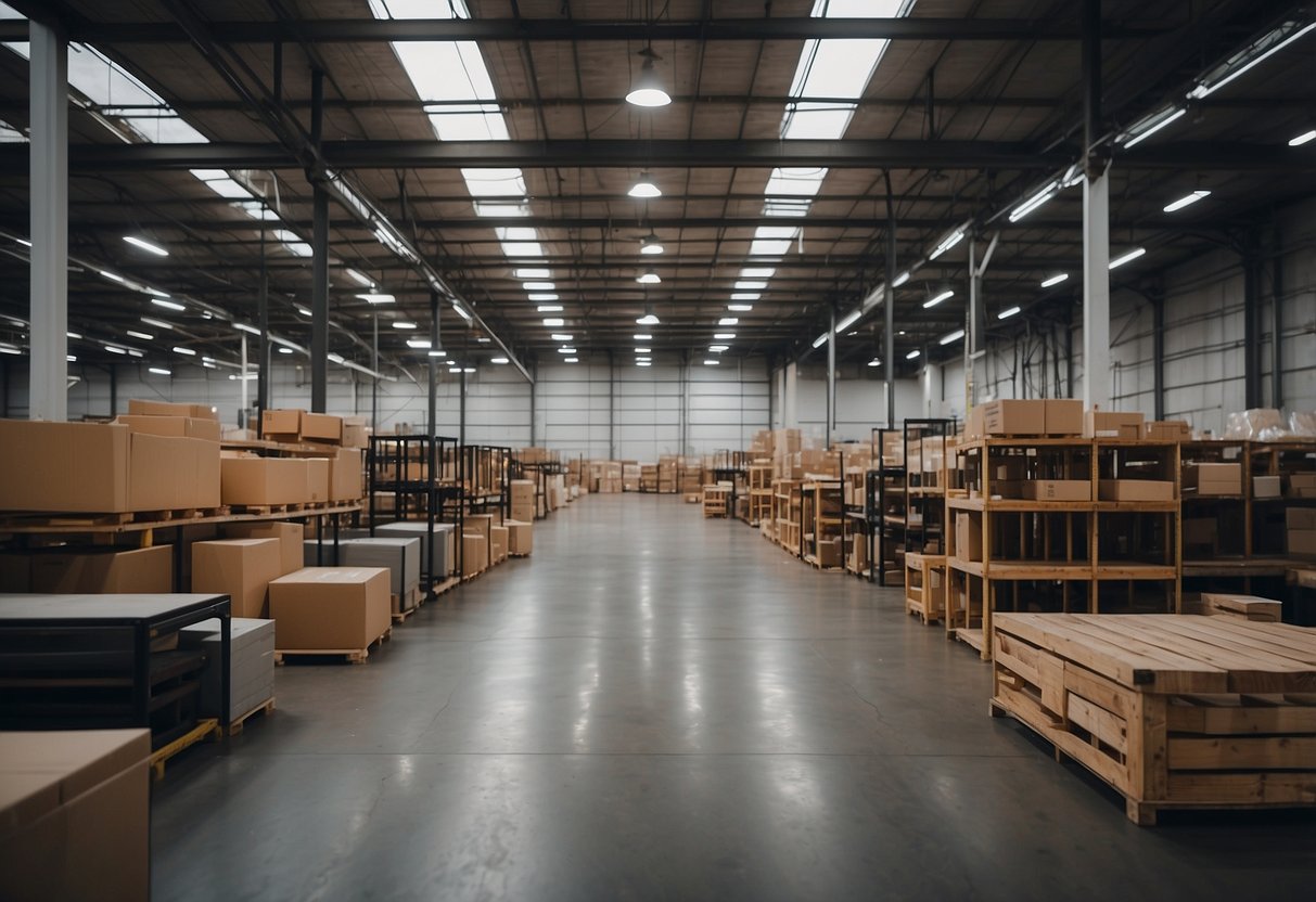 A spacious warehouse filled with high-end furniture displays and labeled sections for easy navigation