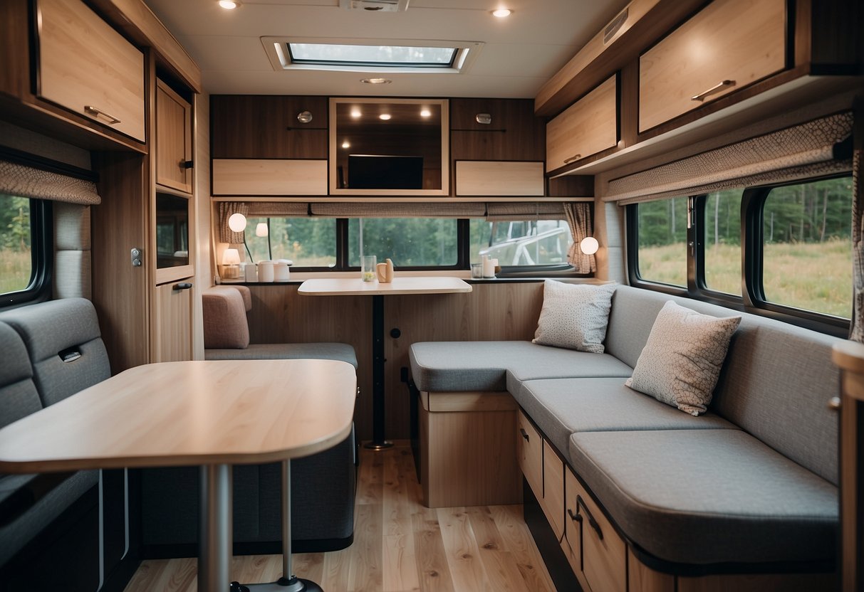 A camper interior with foldable table, storage compartments, and convertible seating
