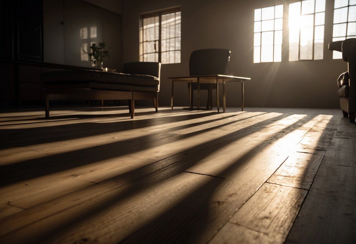 A dimly lit room with sparse, worn furniture and shadows cast across the floor
