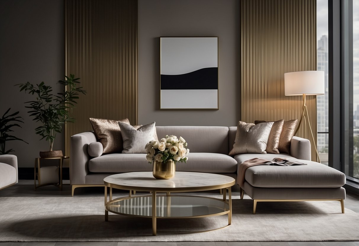 A modern living room with sleek Fiona Barratt furniture, featuring clean lines and neutral tones, accented with luxurious textures and subtle metallic finishes