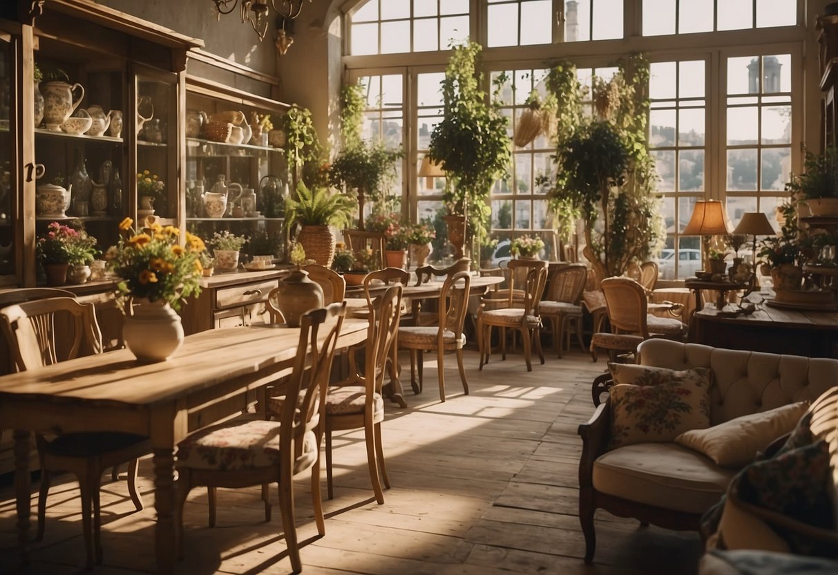 A cozy French country furniture store with rustic wooden tables, vintage chairs, and floral-patterned sofas. Sunlight streams through the windows, casting a warm glow on the charming decor