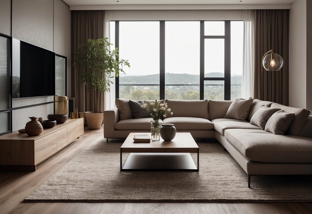 A modern living room with sleek, minimalist furniture in neutral tones. Clean lines and geometric shapes create a sense of sophistication and elegance