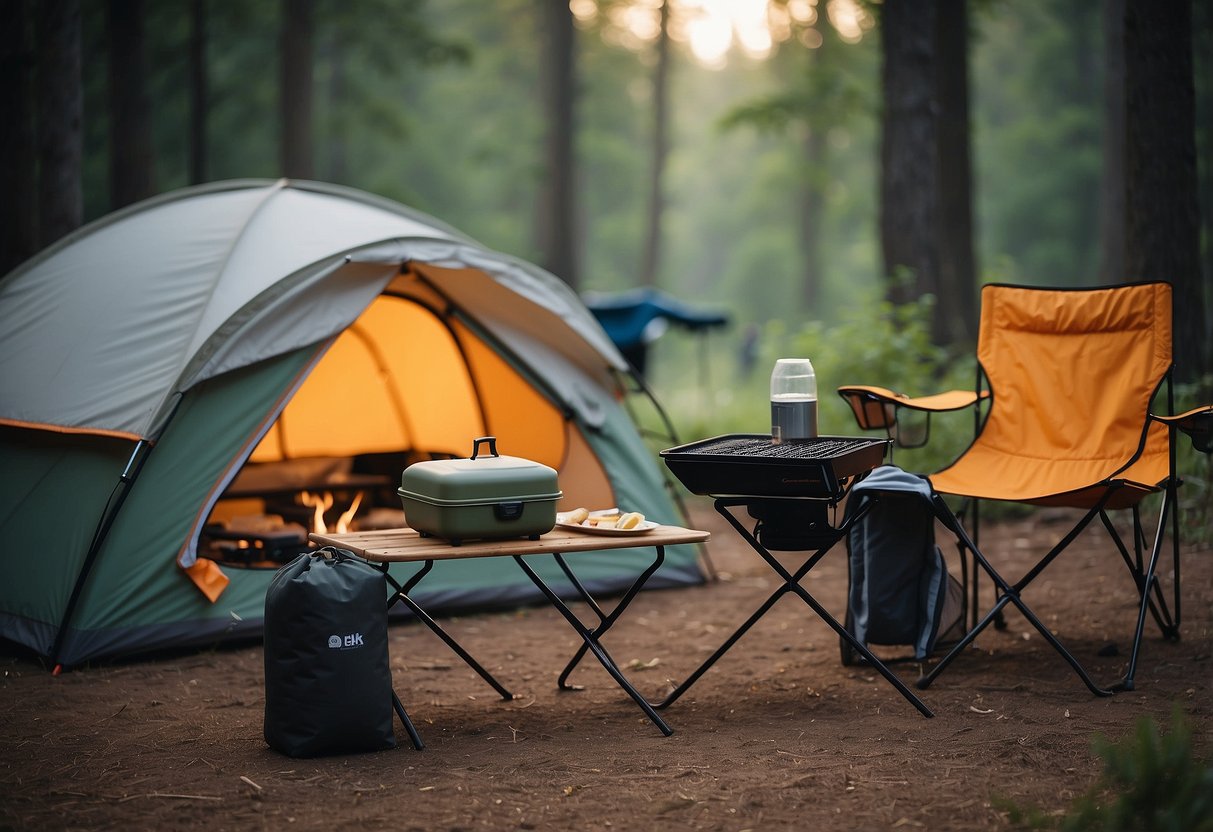 A cozy campsite with a foldable table and chairs, a portable grill, and a cooler. A tent and sleeping bags are set up nearby