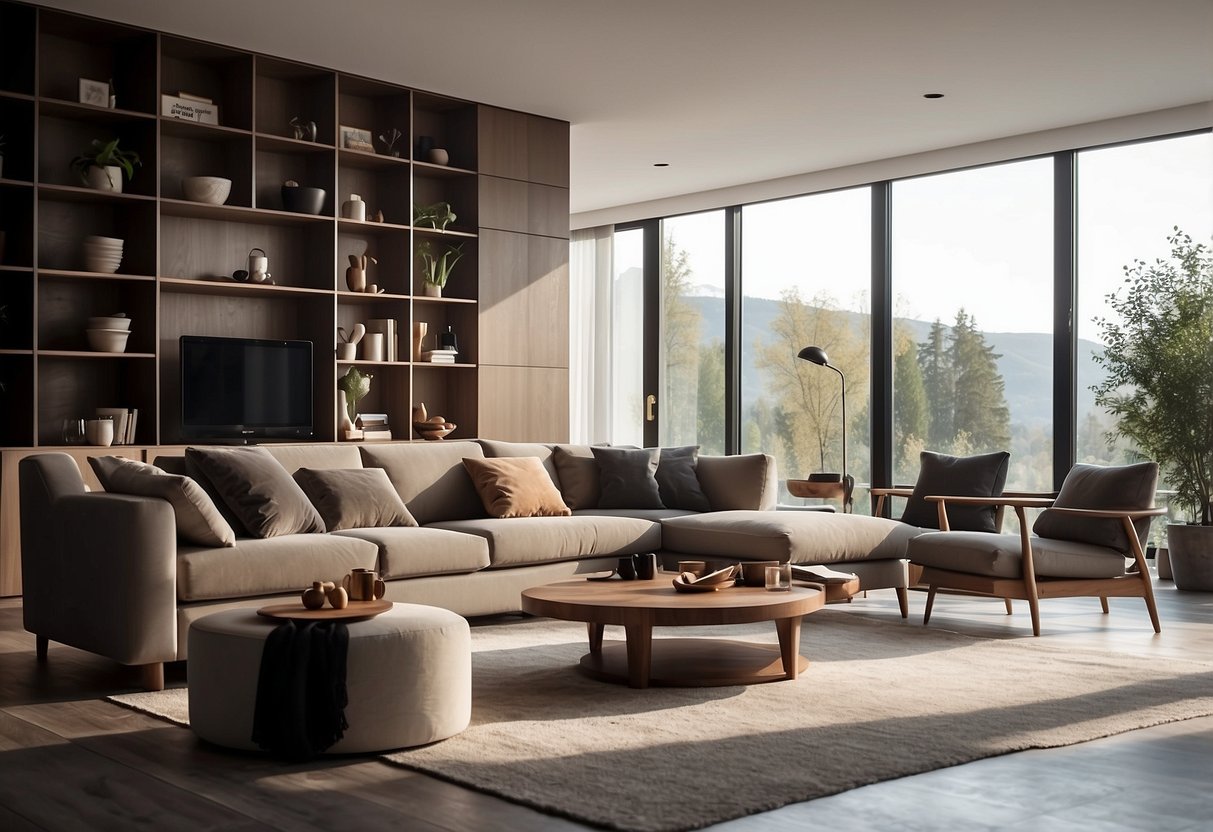 A modern living room with Dims Furniture pieces arranged in a minimalist and stylish manner. Light filters in through large windows, casting a warm glow on the clean lines and sleek surfaces