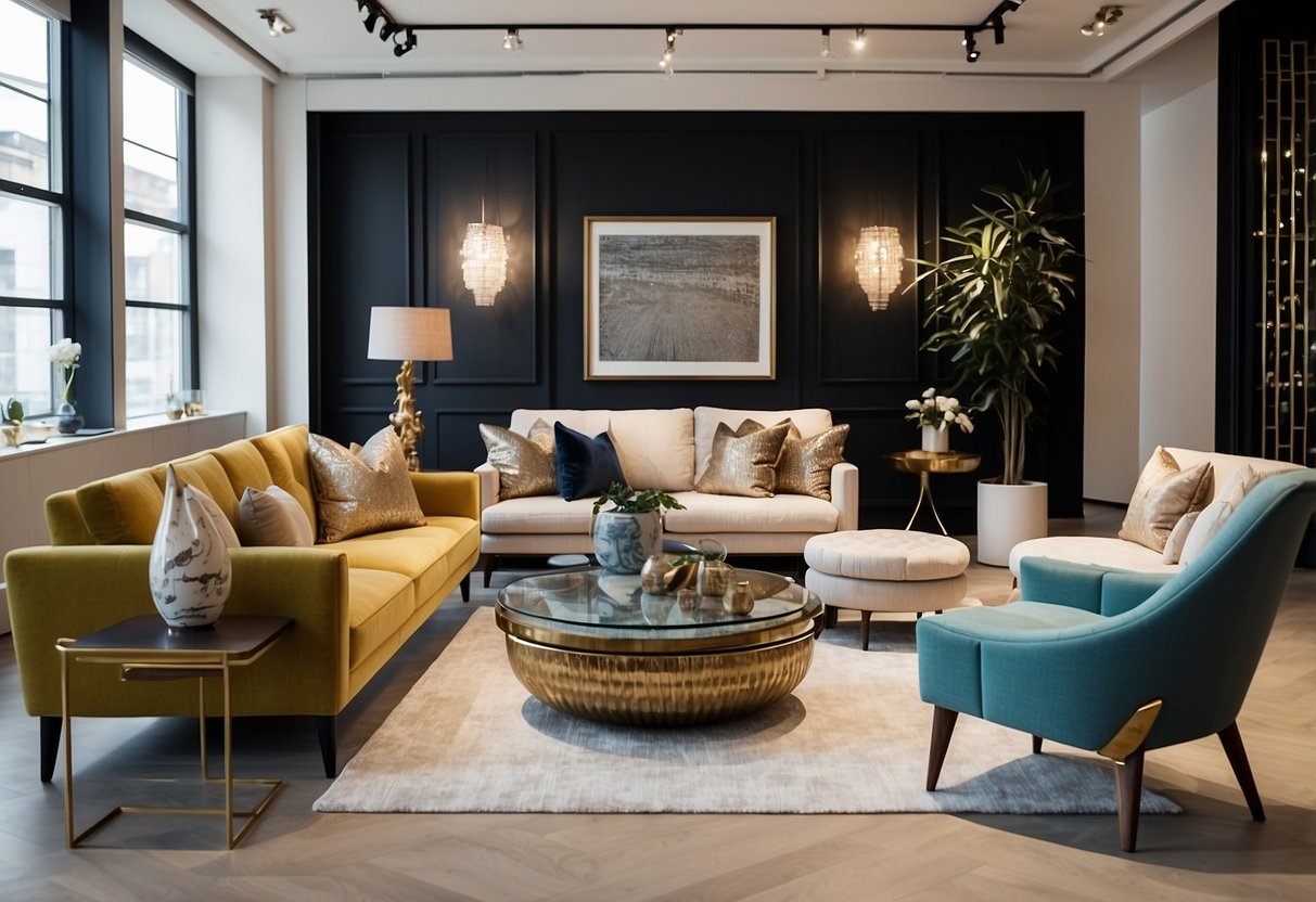 The showroom is filled with modern and elegant furniture pieces, showcasing Fiona Barratt's global presence in the design world